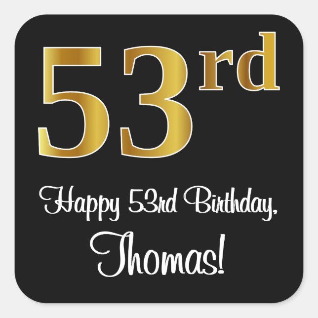 53rd Birthday – Elegant Luxurious Faux Gold Look # Square Sticker (Front)