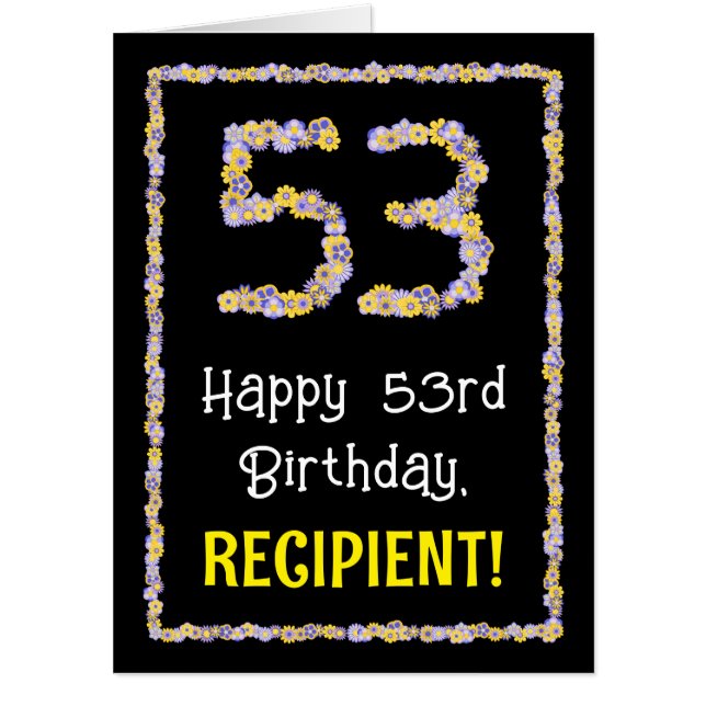 53rd Birthday: Floral Flowers Number “53” + Name Card (Front)