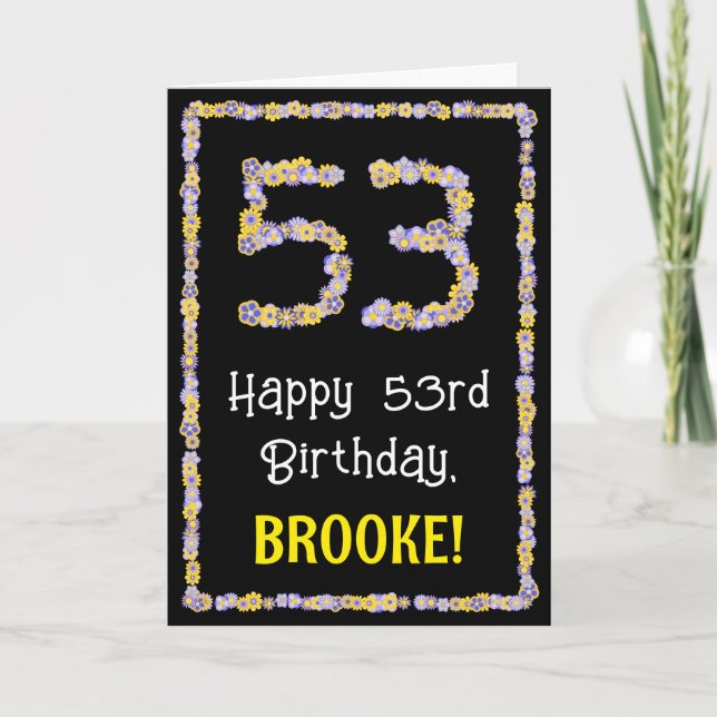 53rd Birthday: Floral Flowers Number, Custom Name Card (Front)