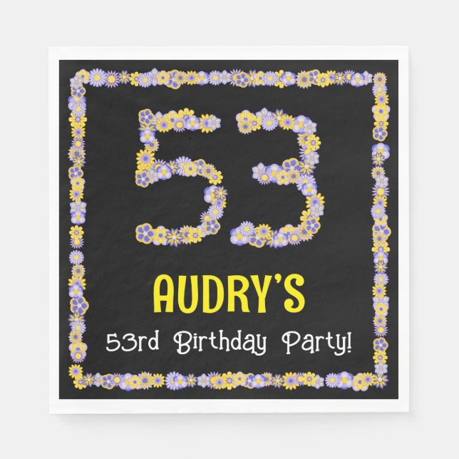 53rd Birthday: Floral Flowers Number, Custom Name Napkins (Front)