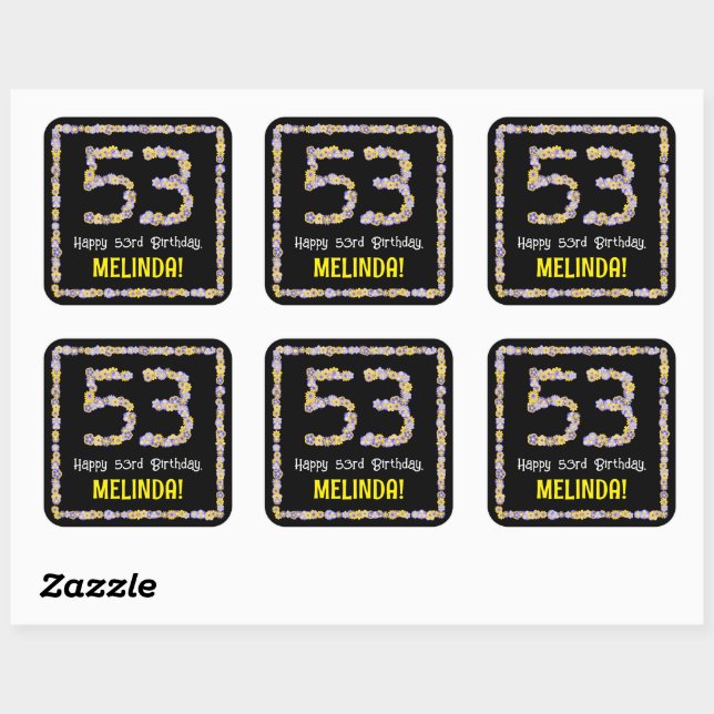53rd Birthday: Floral Flowers Number, Custom Name Square Sticker (Sheet)