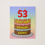 [ Thumbnail: 53rd Birthday: Fun Cake and Candles + Custom Name Jigsaw Puzzle ]
