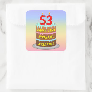 53rd Birthday: Fun Cake and Candles + Custom Name Square Sticker