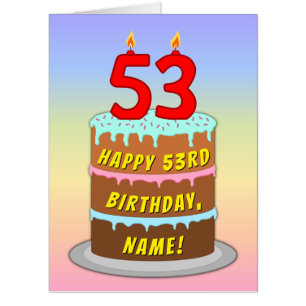 53rd Birthday: Fun Cake & Candles, w/ Custom Name Card