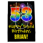 [ Thumbnail: 53rd Birthday: Fun Fireworks Pattern + Rainbow 53 Gift Bag ]