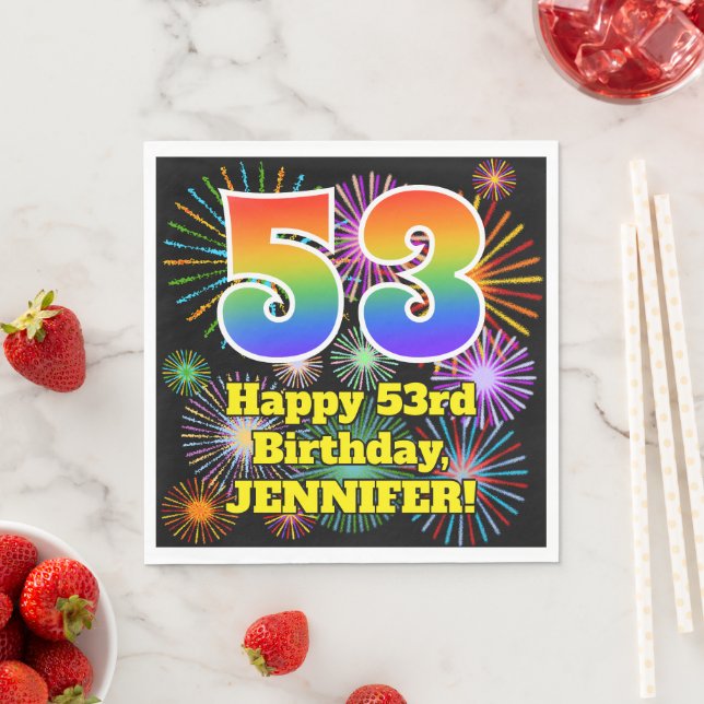 53rd Birthday: Fun Fireworks Pattern + Rainbow 53 Napkins (Insitu)