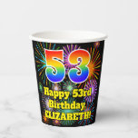 [ Thumbnail: 53rd Birthday: Fun Fireworks Pattern + Rainbow 53 Paper Cups ]
