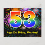[ Thumbnail: 53rd Birthday – Fun Fireworks Pattern + Rainbow 53 Postcard ]