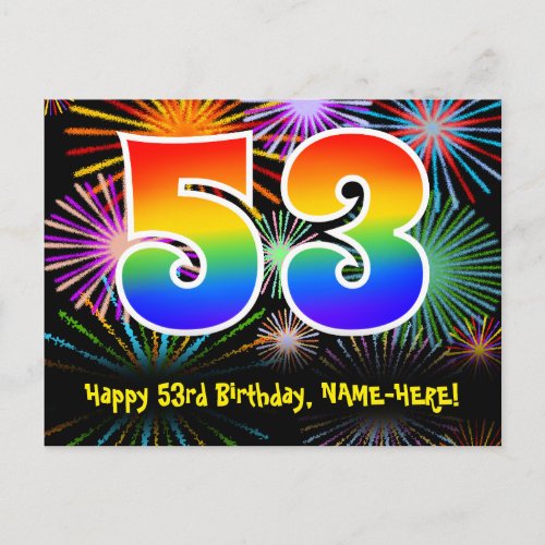 53rd Birthday  Fun Fireworks Pattern  Rainbow 53 Postcard
