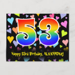 [ Thumbnail: 53rd Birthday: Fun Hearts Pattern, Rainbow 53 Postcard ]