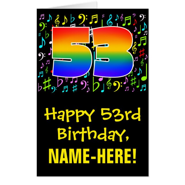 53rd Birthday: Fun Music Symbols + Rainbow # 53 Card (Front)