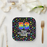 [ Thumbnail: 53rd Birthday: Fun Stars Pattern and Rainbow “53” Paper Plates ]