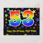 [ Thumbnail: 53rd Birthday: Fun Stars Pattern, Rainbow 53, Name Postcard ]