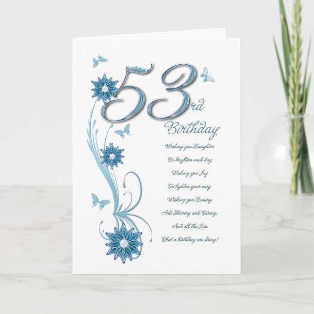53rd birthday in teal with flowers and butterfly card (Front)
