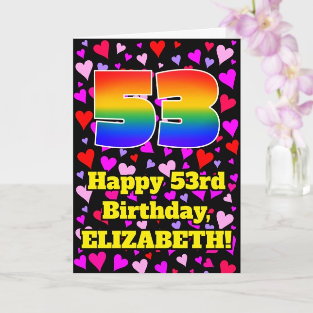 53rd Birthday: Loving Hearts Pattern, Rainbow # 53 Card (Orchid)