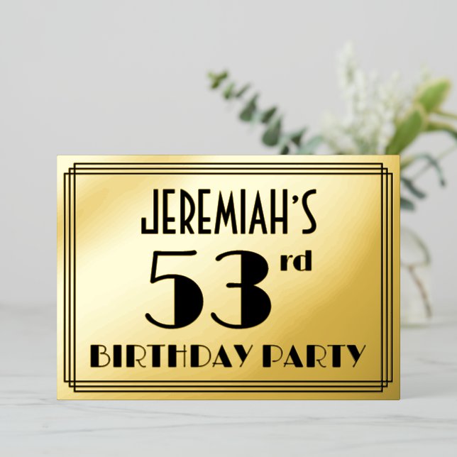 53rd Birthday Party — Art Deco Look “53” + Name Foil Invitation (Standing Front)
