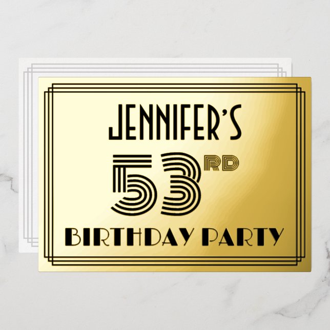 53rd Birthday Party — Art Deco Style “53” & Name Foil Invitation (Front/Back)