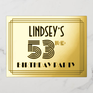 53rd Birthday Party ~ Art Deco Style “53” + Name Foil Invitation Postcard
