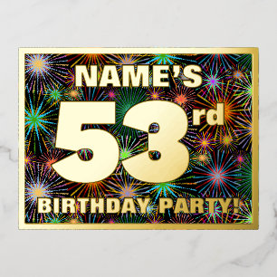 53rd Birthday Party: Bold, Colorful Fireworks Look Foil Invitation Postcard