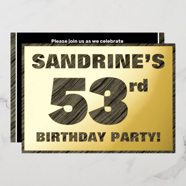 53rd Birthday Party — Bold, Faux Wood Grain Text Foil Invitation (Front/Back)