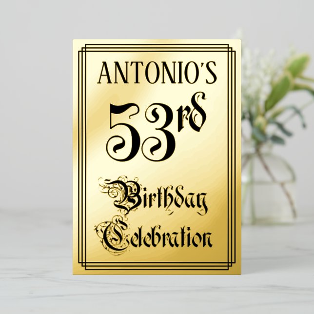 53rd Birthday Party — Elegant Script + Custom Name Foil Invitation (Standing Front)