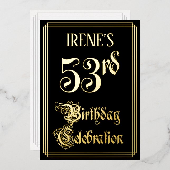 53rd Birthday Party — Fancy Script & Custom Name Foil Invitation (Front/Back)