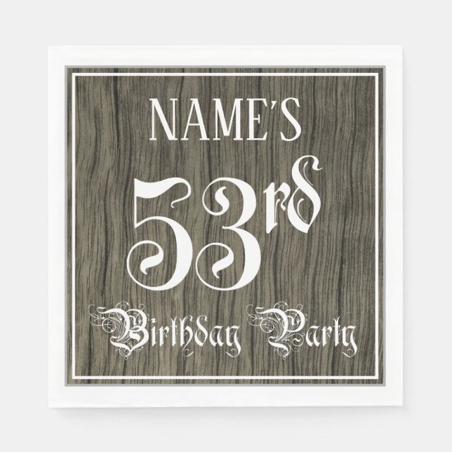 53rd Birthday Party — Fancy Script, Faux Wood Look Napkins (Front)