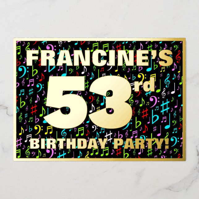 53rd Birthday Party — Fun, Colorful Music Symbols Foil Invitation (Front)