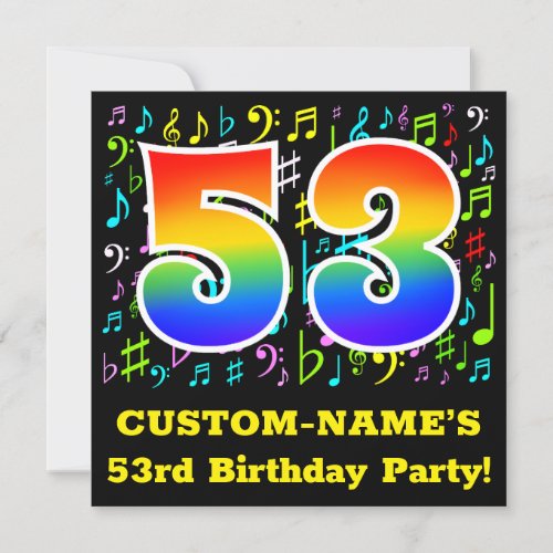 53rd Birthday Party Fun Music Symbols Rainbow 53 Invitation