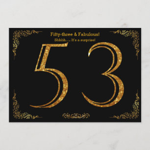 53rd Birthday party,Gatsby styl,black gold glitter Invitation