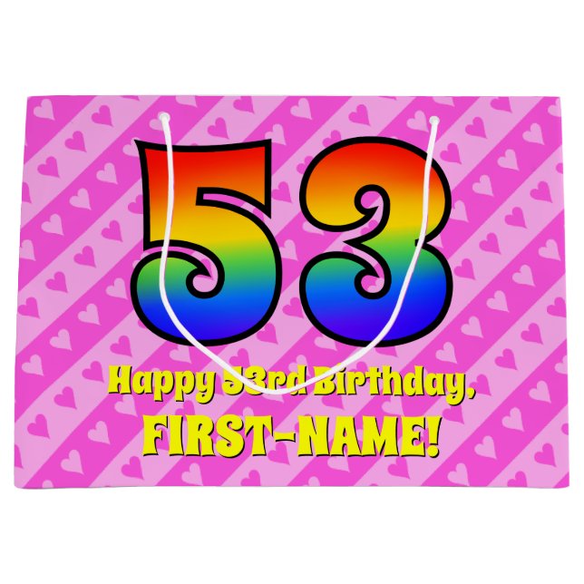 53rd Birthday: Pink Stripes & Hearts, Rainbow # 53 Large Gift Bag (Front)