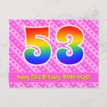 [ Thumbnail: 53rd Birthday: Pink Stripes & Hearts, Rainbow 53 Postcard ]