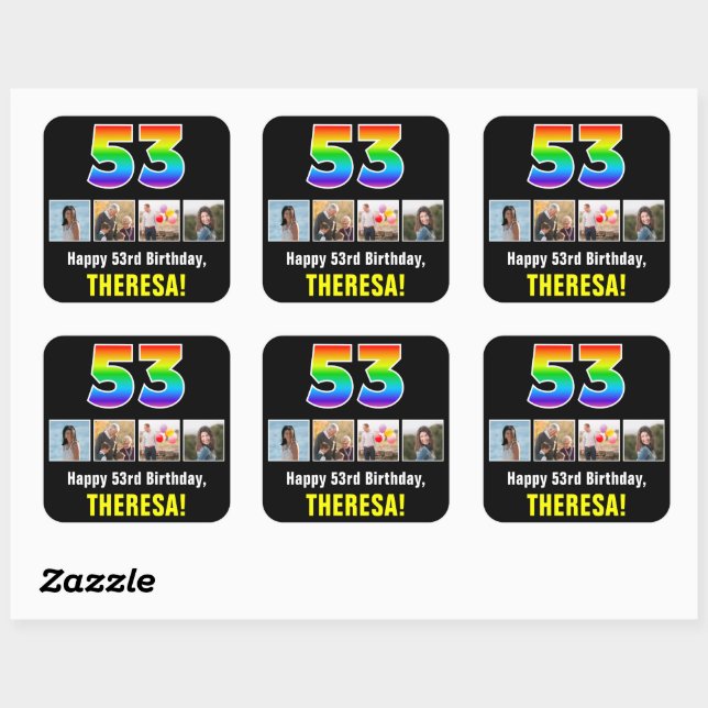 53rd Birthday: Rainbow “53”; Custom Photos & Name Square Sticker (Sheet)