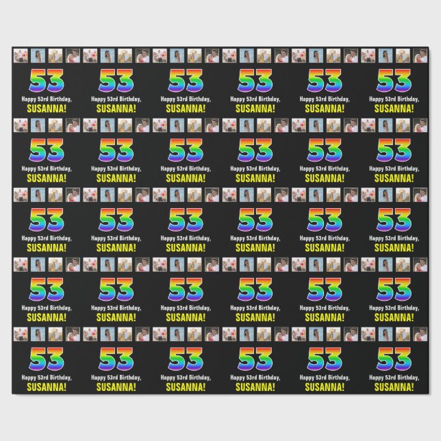 53rd Birthday: Rainbow “53“; Custom Photos & Name Wrapping Paper (Seam)