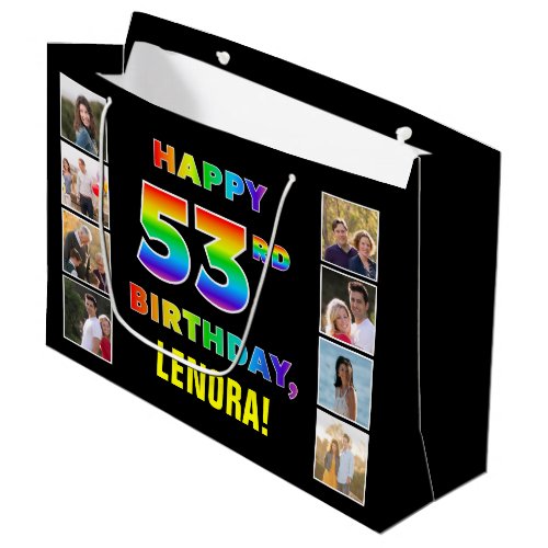 53rd Birthday Rainbow Text Custom Photos  Name Large Gift Bag