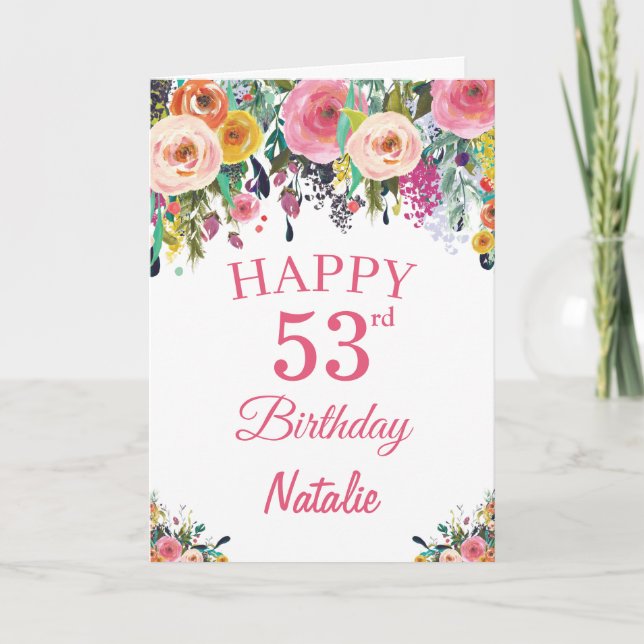 53rd Birthday Watercolor Floral Flowers Pink Card (Front)