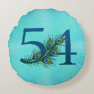 54 Peacock Feather Birthday Anniversary Elegant Round Pillow