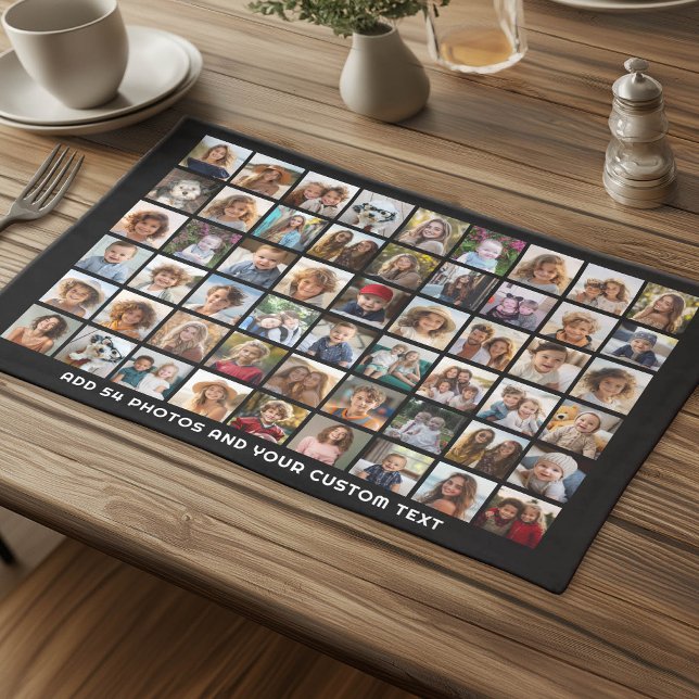 54 Square Photo Collage Grid with Text - black Cloth Placemat (Photo Collage Cloth Placemat)