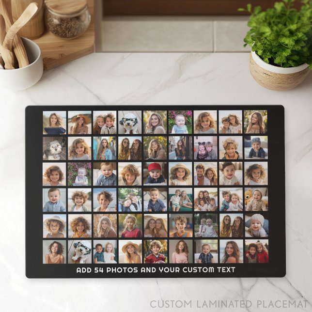 54 Square Photo Collage Grid with Text - black Placemat (Photo Collage Placemat)