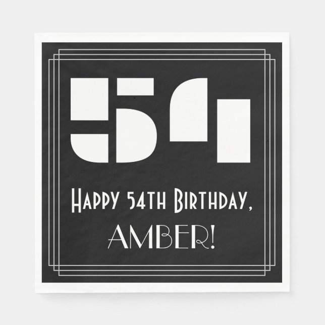54th Birthday: Art Deco Inspired Look "54" + Name Napkins (Front)