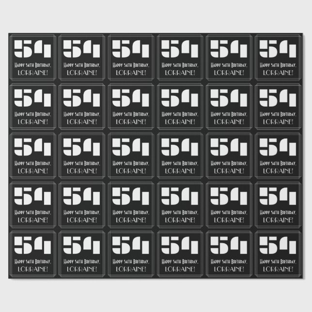 54th Birthday: Art Deco Inspired Look "54" & Name Wrapping Paper (Flat)
