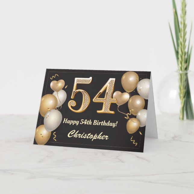 54th Birthday Black and Gold Balloons Birthday Card (Front)