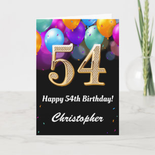 54th Birthday Black and Gold Colorful Balloons Card