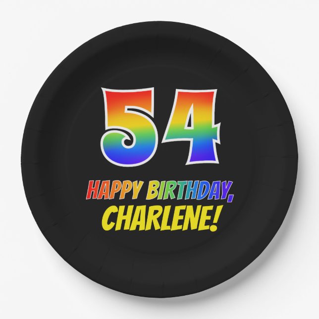 54th Birthday: Bold, Fun, Simple, Rainbow 54 Paper Plates (Front)