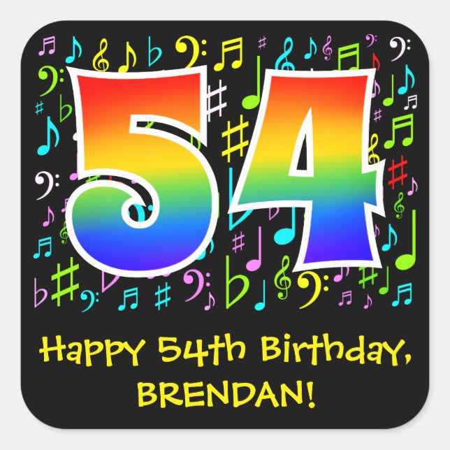 54th Birthday: Colorful Music Symbols, Rainbow 54 Square Sticker (Front)