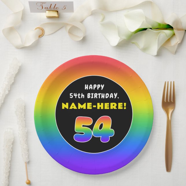 54th Birthday: Colorful Rainbow # 54, Custom Name Paper Plates (Wedding)