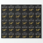 [ Thumbnail: 54th Birthday: Elegant, Black, Faux Gold Look Wrapping Paper ]