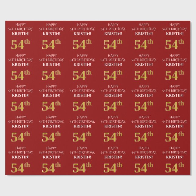54th Birthday: Elegant, Red, Faux Gold Look Wrapping Paper (Flat)