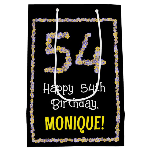 54th Birthday: Floral Flowers Number, Custom Name Medium Gift Bag (Back)
