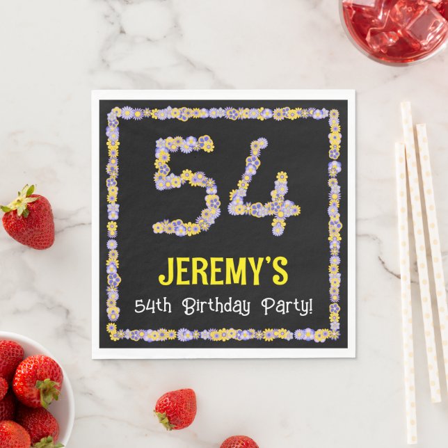 54th Birthday: Floral Flowers Number, Custom Name Napkins (Insitu)